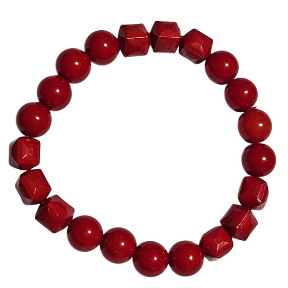 Retro 50s 80s Cherry Red Beaded Stretch Bracelet Bold Statement Square Beads - Picture 1 of 3